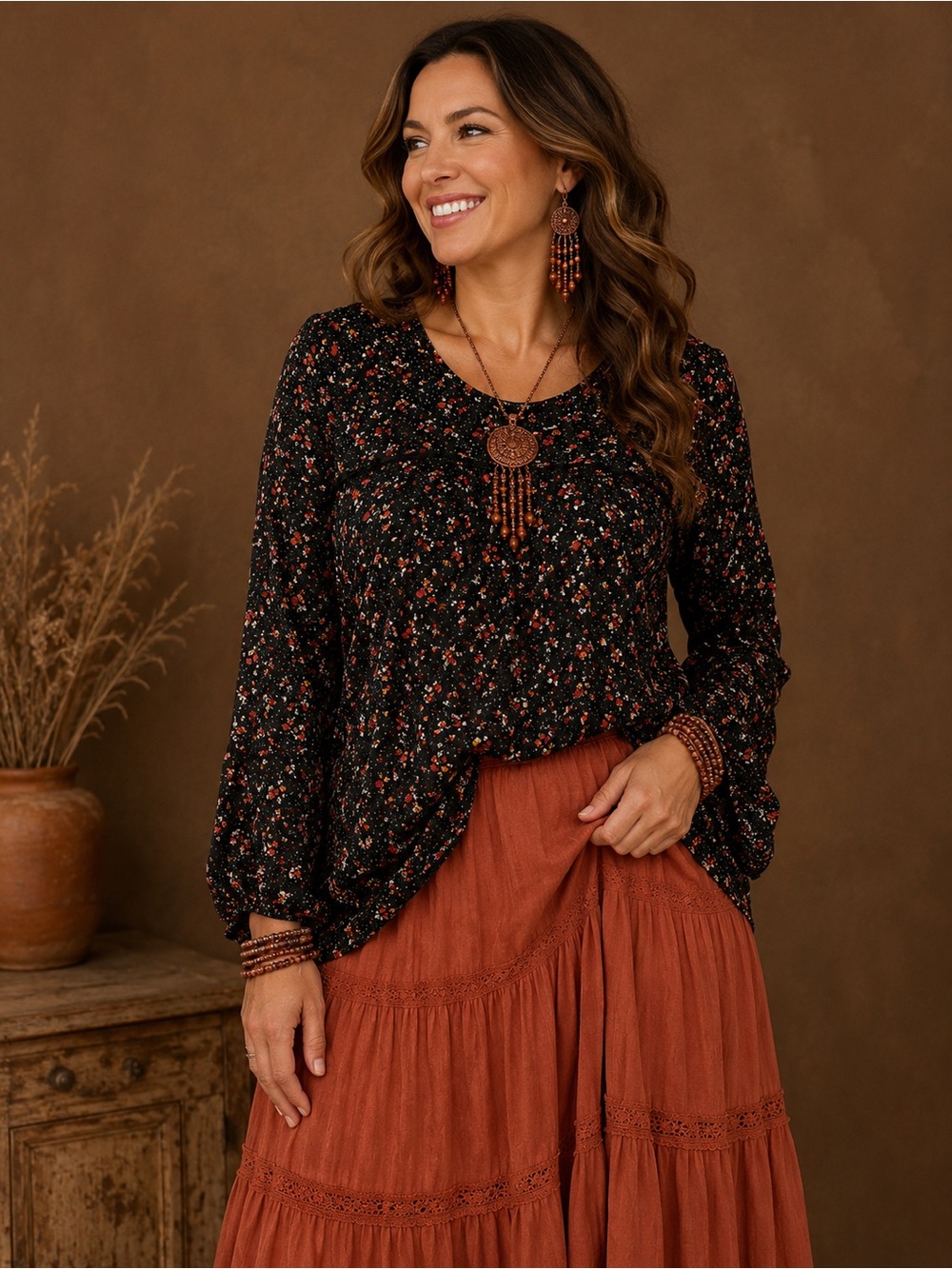 M Knox Rose Black Floral Long Sleeve Blouse with Red Accents